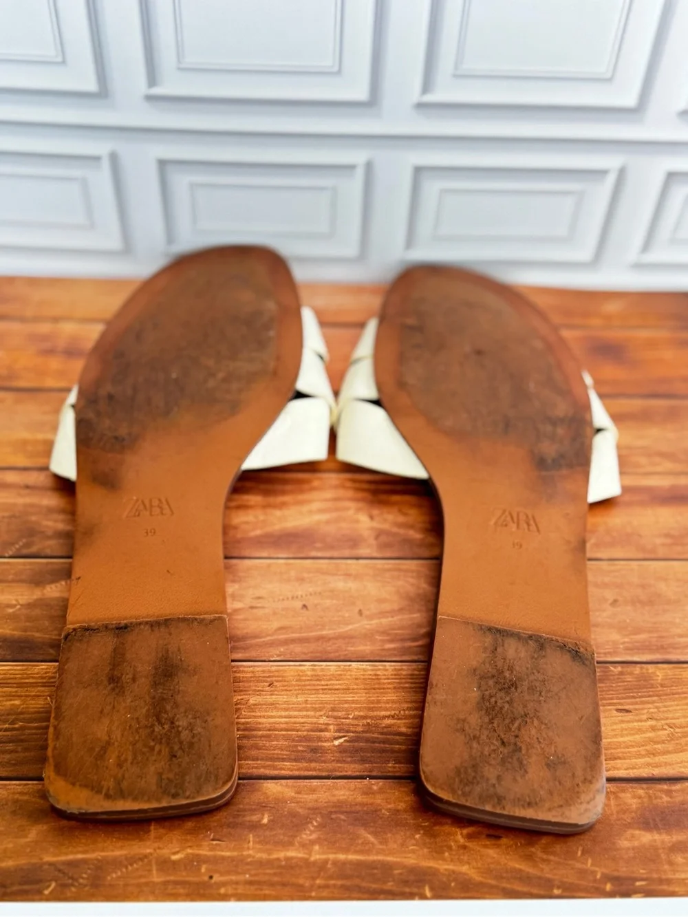 Zara leather Cream Braided Flat Slide Sandals - Picture 7 of 8